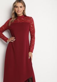 Born2be - Bordowa Rozkloszowana Sukienka z Koronką i Stójką Edanith. Okazja: na co dzień. Typ kołnierza: kołnierzyk stójkowy. Kolor: czerwony. Materiał: koronka. Długość rękawa: długi rękaw. Wzór: koronka. Typ sukienki: proste. Styl: casual, wizytowy #6
