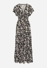 Born2be - Czarno-Beżowa Sukienka Maxi w Kwiaty z Falowanymi Rękawkami i Gumką w Talii Mulanitti. Kolor: czarny. Długość rękawa: krótki rękaw. Wzór: kwiaty. Sezon: lato. Długość: maxi #2