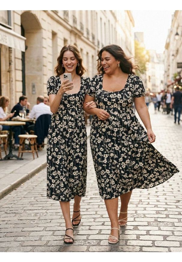 Sinsay - Bawełniana sukienka midi z bufkami w kwiaty - wielobarwny. Materiał: bawełna. Wzór: kwiaty. Długość: midi