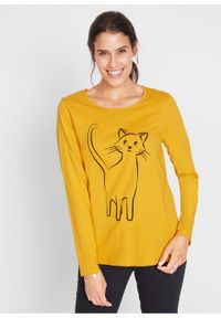 Shirt bawełniany z nadrukiem kota, długi rękaw bonprix żółty curry z nadrukiem. Kolor: żółty. Materiał: materiał, bawełna. Długość rękawa: długi rękaw. Długość: długie. Wzór: nadruk #7