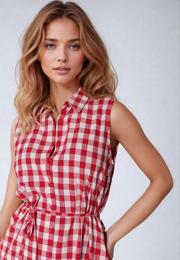 Born2be - Czerwono-Biała Sukienka Koszulowa z Wiskozy z Materiałowym Paskiem w Talii Rivasolin. Okazja: na spacer, na co dzień. Kolor: czerwony. Materiał: materiał, wiskoza. Sezon: lato. Typ sukienki: koszulowe. Styl: casual