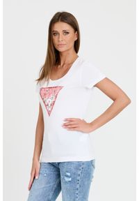 Guess - GUESS Biały damski t-shirt Satin Triangle Tee, Rozmiar XS. Kolor: biały