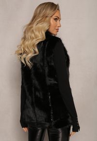 Renee - Czarna Puchata Kamizelka z Futerka Ozdobiona Imitacją Skóry Tekllesa. Kolor: czarny. Materiał: skóra, futro. Wzór: aplikacja #4
