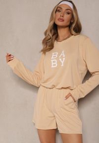 Renee - Beżowy Komplet Dresowy 2-Częściowy Bluza Krótsza i Luźne Spodenki Szorty Frania. Kolor: beżowy. Materiał: dresówka