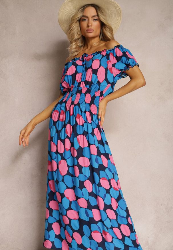 Renee - Granatowo-Różowa Sukienka Hiszpanka z Bawełny z Modelującą Gumką w Pasie Vearica. Okazja: na co dzień. Typ kołnierza: dekolt hiszpanka. Kolor: niebieski. Materiał: bawełna. Sezon: lato. Styl: casual, elegancki