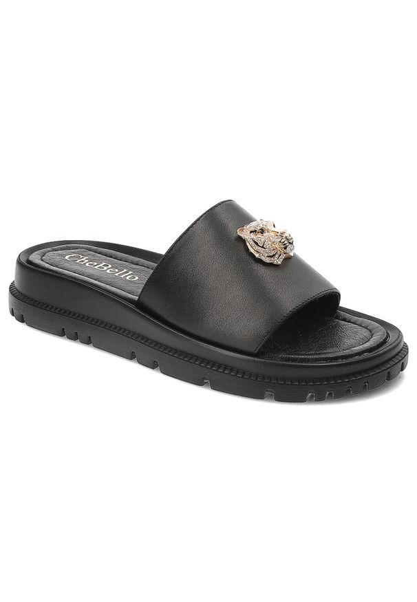 CheBello - Czarne Klapki Chebello Modne Obuwie Damskie. Okazja: na imprezę, na spacer, na plażę. Kolor: czarny. Materiał: skóra. Sezon: lato. Styl: elegancki