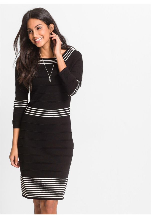 bonprix - Sukienka dzianinowa z miękkiej mieszanki wiskozy. Typ kołnierza: typu carmen. Kolor: czarny. Materiał: dzianina, wiskoza. Wzór: paski