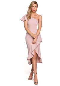 Makover - Wieczorowa sukienka na jedno ramię ołówkowa z falbanami różowa. Okazja: na ślub cywilny, na imprezę, na wesele. Kolor: różowy. Typ sukienki: ołówkowe. Styl: wizytowy