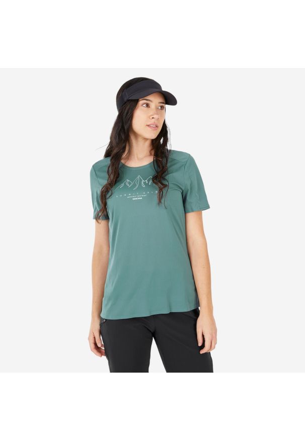 quechua - Koszulka turystyczna damska z krótkim rękawem Quechua MH500. Kolor: zielony. Materiał: poliester, materiał. Długość rękawa: krótki rękaw. Długość: krótkie. Sport: turystyka piesza