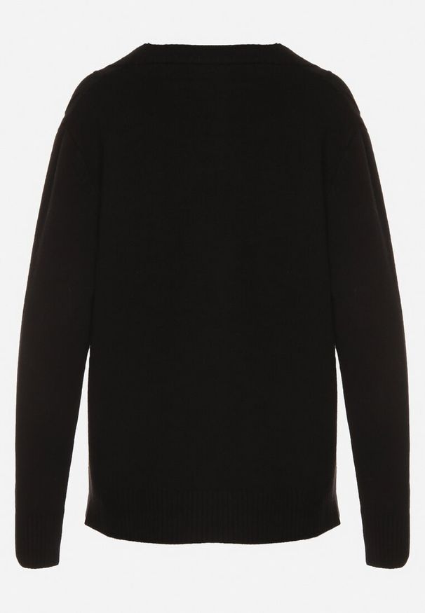 Born2be - Czarny Kardigan z Bawełną Zdobiony Warkoczowym Splotem i Kieszeniami Mevesava. Okazja: na co dzień. Typ kołnierza: dekolt w serek. Kolor: czarny. Materiał: bawełna. Wzór: ze splotem, aplikacja. Sezon: zima, jesień. Styl: casual, klasyczny