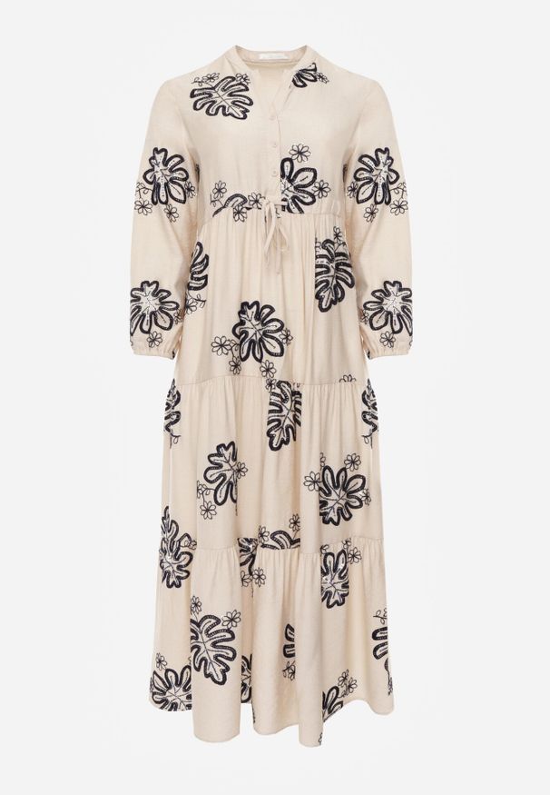 Born2be - Beżowa Sukienka z Kwiatowym Motywem Haftowanym ze Sznurkiem w Pasie Ozdobiona Cekinami Callochis. Okazja: na co dzień. Kolor: beżowy. Wzór: aplikacja, haft, kwiaty. Typ sukienki: proste. Styl: casual, klasyczny
