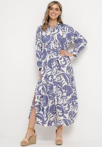 Born2be - Biało-Fioletowa Sukienka Szmizjerka Zapinana na Guziki z Falbanką Lavernia. Okazja: na co dzień, na randkę. Typ kołnierza: dekolt w kształcie V, kołnierz z falbankami. Kolor: biały. Materiał: materiał, wiskoza, jeans, tkanina. Długość rękawa: długi rękaw. Sezon: lato. Typ sukienki: szmizjerki. Styl: klasyczny, casual, elegancki #1