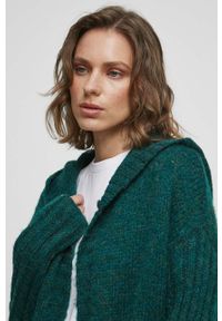 medicine - Medicine kardigan damski kolor zielony ciepły. Typ kołnierza: kaptur. Kolor: zielony. Materiał: dzianina. Długość rękawa: długi rękaw. Długość: długie. Wzór: melanż #4