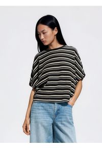 Reserved - T-shirt kimono w paski - czarny. Kolor: czarny. Materiał: bawełna, dzianina. Wzór: paski #1