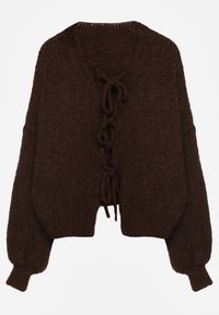 Renee - Brązowy Kardigan z Wełną o Kroju Oversize z Wiązanymi Kokardami Elearina. Okazja: na co dzień. Typ kołnierza: kokarda. Kolor: brązowy. Materiał: wełna. Styl: street, elegancki, casual #7