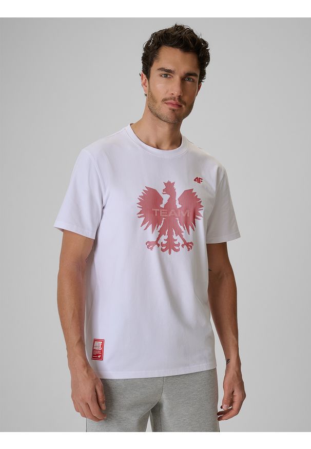 4f - 4F Koszulka kibica męska - biała XL. Kolor: biały. Materiał: materiał, bawełna, dzianina. Wzór: nadruk. Styl: sportowy