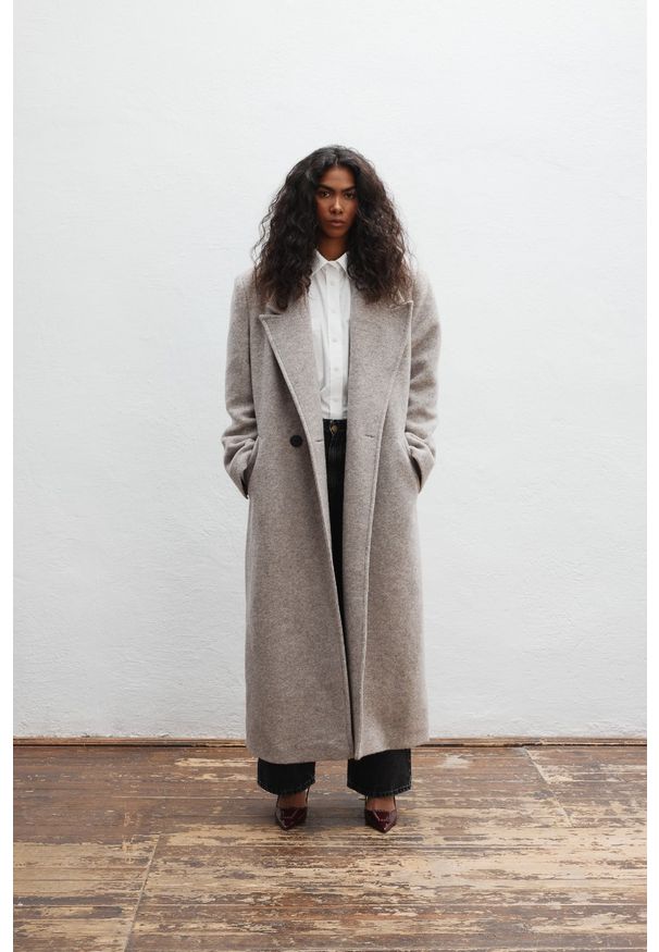 Marsala - Wełniany trencz w kolorze BEIGE MELANGE - TESORO-XS. Materiał: wełna. Długość: długie. Wzór: melanż, gładki. Styl: elegancki, klasyczny