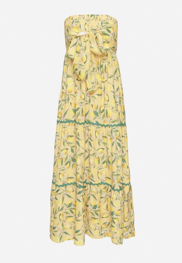 Born2be - Żółta Sukienka w Cytryny z Kokardą Galadessa. Okazja: na co dzień, na randkę. Typ kołnierza: kokarda. Kolor: żółty. Sezon: lato. Styl: casual, elegancki