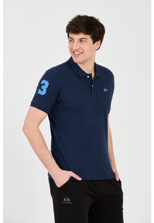 La Martina - LA MARTINA Granatowe męskie polo z małym logo, Rozmiar XXL. Typ kołnierza: polo. Kolor: niebieski