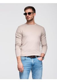 Ombre Clothing - Męski longsleeve BASIC z okrągłym dekoltem - beżowy V8 - Rozmiar: XXL. Kolor: beżowy. Materiał: materiał, bawełna. Długość rękawa: długi rękaw. Wzór: jednolity, gładki. Styl: klasyczny