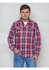 Big-Star - Koszula męska bawełniana w kratę czerwono-granatowa Retinezi 603. Kolor: czerwony. Materiał: bawełna. Wzór: kolorowy, kratka, ze splotem. Styl: elegancki #4