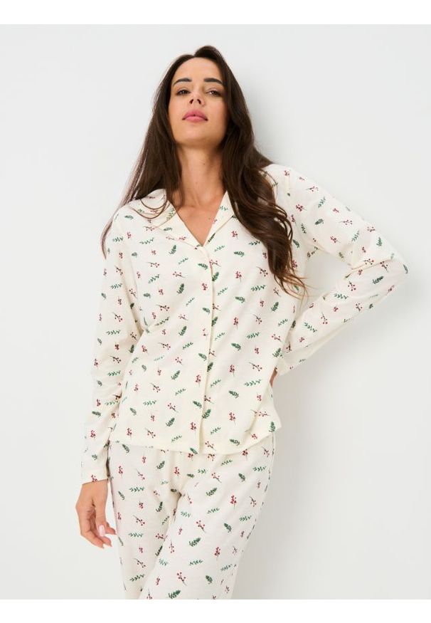 Sinsay - Świąteczna piżama dwuczęściowa z wzorem ostrokrzewu - kremowy. Kolor: kremowy