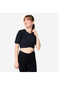 Decathlon - Koszulka damska Domyos Gym & Pilates crop. Kolor: czarny. Materiał: materiał, poliamid, elastan. Sport: joga i pilates