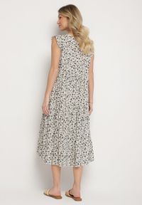 Born2be - Beżowo-Granatowa Bawełniana Sukienka o Rozkloszowanym Kroju z Falbanami i Dekoltem w Serek Ifforine. Okazja: na co dzień. Typ kołnierza: dekolt w serek. Kolor: beżowy. Materiał: bawełna. Styl: casual, elegancki #2