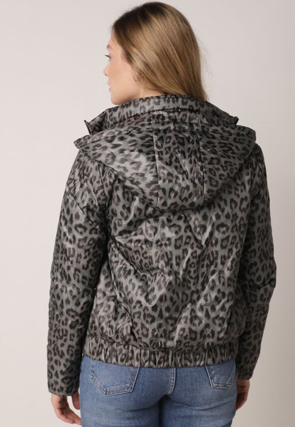 Born2be - Czarno-Zielona Kurtka Przejściowa w Panterkę z Odpinanym Kapturem Antolea. Kolor: zielony. Materiał: jeans, poliester. Wzór: motyw zwierzęcy. Styl: klasyczny