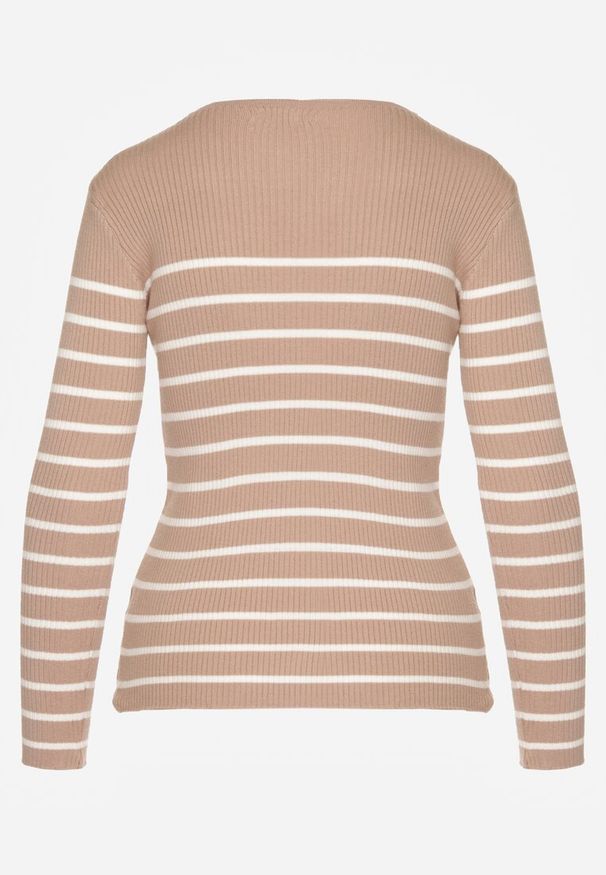 Renee - Beżowa Bluzka z Bawełną z Motywem Pasków i Guzikami Serisse. Okazja: do pracy, na co dzień, na spotkanie biznesowe. Kolor: beżowy. Materiał: bawełna. Wzór: paski. Styl: biznesowy, casual