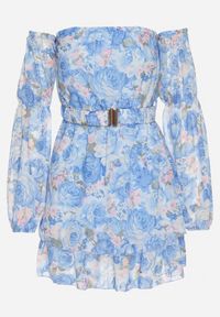 Born2be - Jasnoniebieska Wiskozowa Sukienka Hiszpanka z Falbanami i Paskiem w Kwiaty Virmoi. Okazja: na co dzień, na spacer. Typ kołnierza: dekolt hiszpanka. Kolor: niebieski. Materiał: wiskoza. Wzór: kwiaty. Typ sukienki: proste. Styl: casual #5