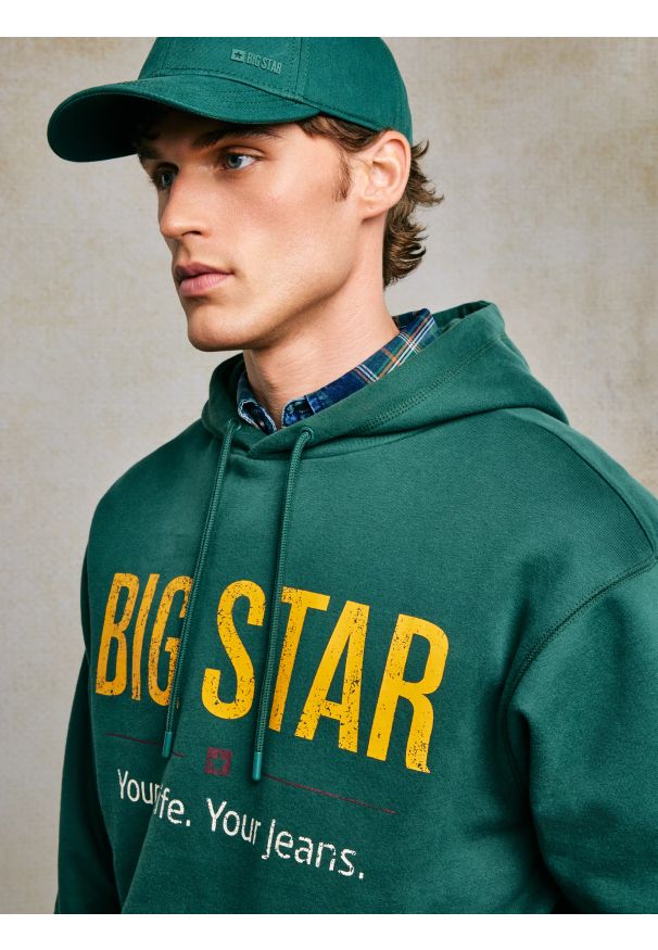 Big-Star - Bluza męska z kapturem z logo BIG STAR zielona Ashlyno 304. Typ kołnierza: kaptur. Kolor: zielony. Materiał: jeans, skóra, materiał, dzianina