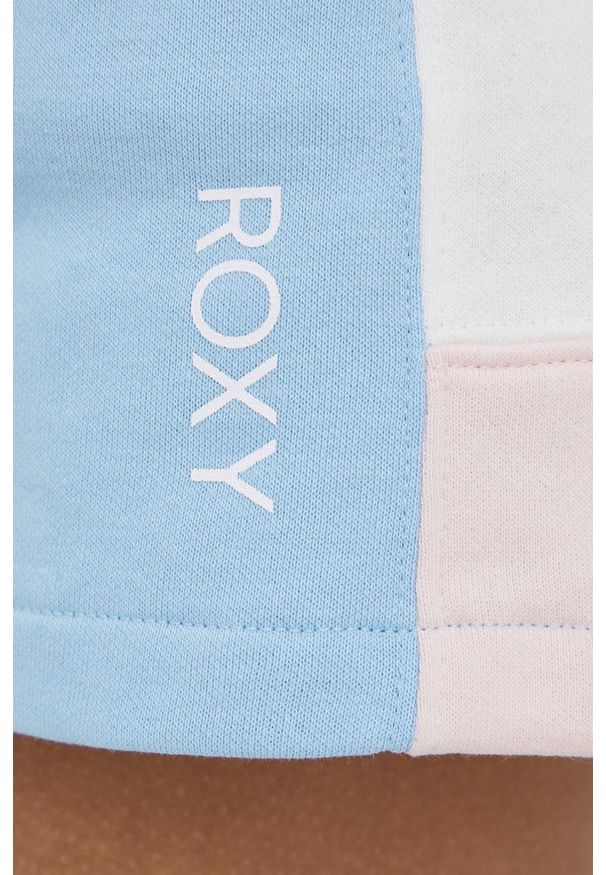 Roxy szorty damskie z nadrukiem high waist. Okazja: na co dzień. Stan: podwyższony. Kolor: niebieski. Materiał: dzianina, włókno. Wzór: nadruk. Styl: casual