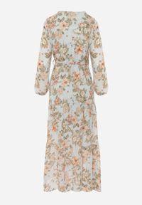 Renee - Miętowa Sukienka Maxi z Kopertowym Dekoltem i Gumką z Wiązaniem w Talii Alret. Kolor: miętowy. Długość rękawa: długi rękaw. Wzór: kwiaty. Typ sukienki: kopertowe. Długość: maxi #7