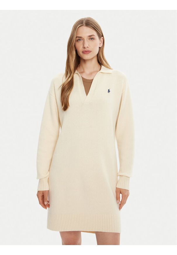Polo Ralph Lauren Sukienka dzianinowa 211A91143003 Biały Slim Fit. Typ kołnierza: polo. Kolor: biały. Materiał: wełna