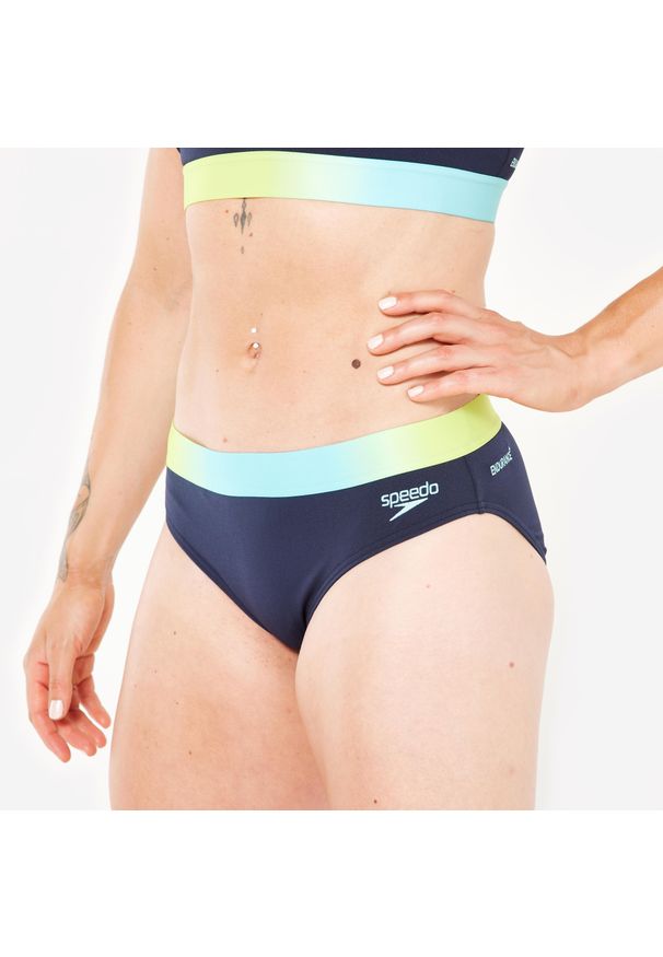 Dół stroju pływackiego damski Speedo. Kolor: niebieski, żółty, wielokolorowy. Materiał: poliester