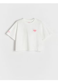 Reserved - Krótki t-shirt - złamana biel. Materiał: bawełna. Długość: krótkie