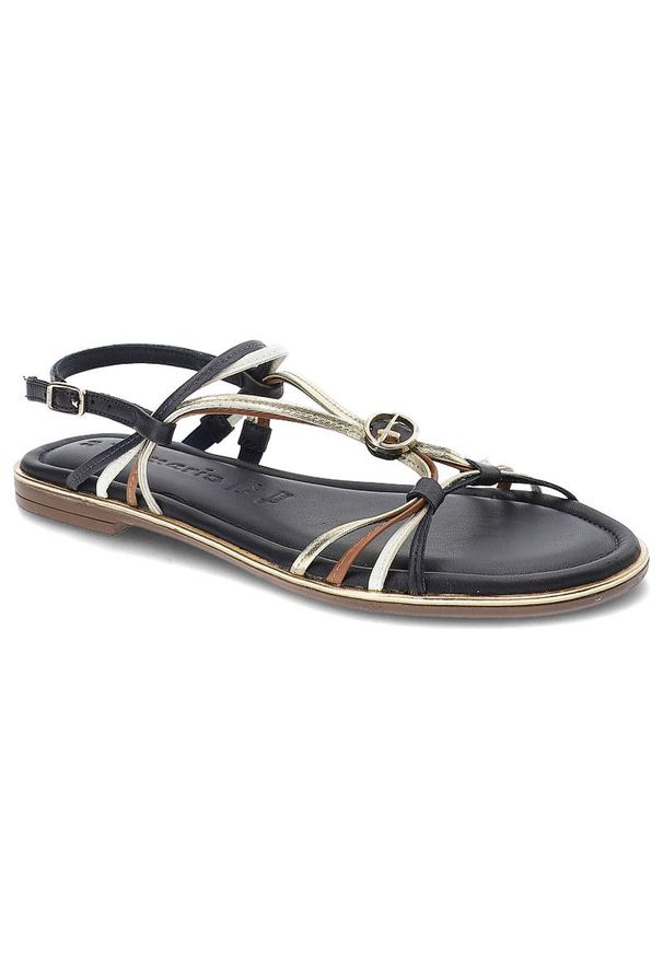 Granatowe Sandały Tamaris Eleganckie Płaskie Buty. Okazja: na co dzień, na spacer. Zapięcie: pasek. Kolor: niebieski. Materiał: skóra. Wzór: paski. Sezon: lato. Styl: elegancki