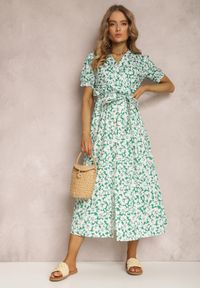 Renee - Zielona Sukienka z Bawełny Andrilla. Kolor: zielony. Materiał: bawełna. Długość rękawa: krótki rękaw. Wzór: kwiaty. Typ sukienki: kopertowe. Długość: midi #1