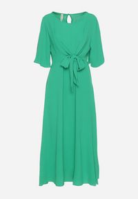 Born2be - Ciemnozielona Sukienka Maxi z Ozdobnym Wiązaniem i Gumką w Talii Myrcella. Kolor: zielony. Długość: maxi #2