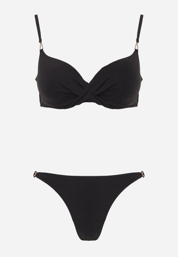 Born2be - Czarne Bikini z Marszczonym Biustonoszem i Figami Kąpielowymi z Cyrkoniami Kaliasa. Kolekcja: plus size. Kolor: czarny. Długość: długie. Wzór: aplikacja