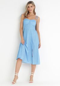 Born2be - Niebieska Sukienka Midi w Kropki na Ramiączkach Ionttis. Kolor: niebieski. Materiał: tkanina. Długość rękawa: na ramiączkach. Wzór: kropki. Długość: midi #3