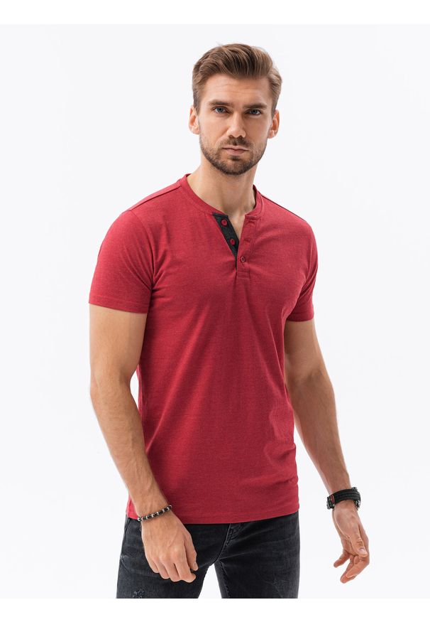Ombre Clothing - T-shirt męski bez nadruku S1390 - czerwony - XXL. Typ kołnierza: polo. Kolor: czerwony. Materiał: bawełna, jeans, poliester