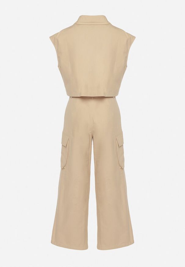 Born2be - Beżowy Bawełniany Komplet w Stylu Utility Koszula na Guziki i Szerokie Spodnie na Suwak i Napę Beclea. Kolor: beżowy. Materiał: bawełna