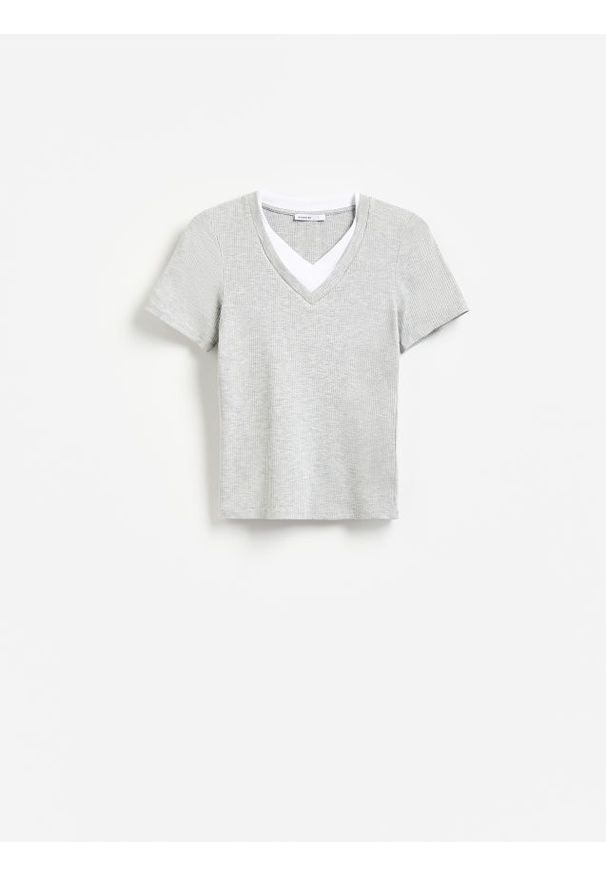 Reserved - T-shirt w prążek - jasnoszary. Kolor: szary. Materiał: bawełna, dzianina. Wzór: prążki