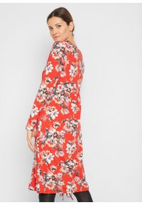 Sukienka z dżerseju z wiązanym troczkiem w dolnej części, długi rękaw bonprix truskawkowy w kwiaty. Kolor: czerwony. Materiał: jersey. Długość rękawa: długi rękaw. Wzór: kwiaty #7