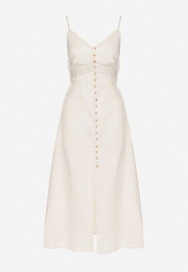 Born2be - Jasnobeżowa Bawełniana Sukienka o Rozkloszowanym Kroju na Ramiączkach z Guzikami Firbia. Okazja: na co dzień. Typ kołnierza: dekolt w kształcie V. Kolor: beżowy. Materiał: bawełna. Długość rękawa: na ramiączkach. Typ sukienki: rozkloszowane. Styl: elegancki, casual