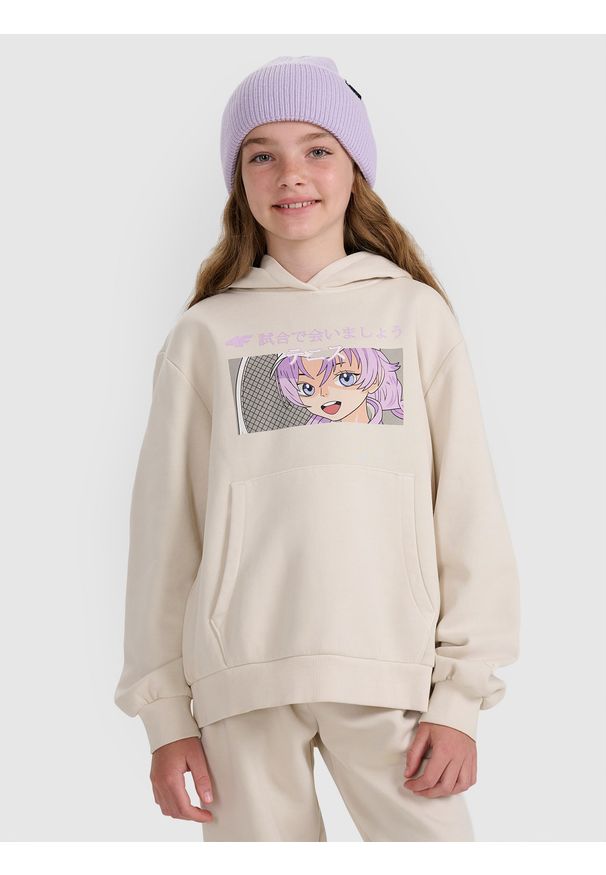 4f - 4F Bluza dresowa nierozpinana z kapturem dziewczęca - biała 122 (6-7 lat). Okazja: na uczelnię, na co dzień, na spacer. Typ kołnierza: kaptur. Kolor: biały. Materiał: dresówka. Wzór: ze splotem, gładki. Sezon: lato. Styl: elegancki, sportowy, casual