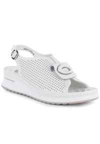 Sandały damskie na koturnie białe eVento 9759. Kolor: biały. Materiał: skóra ekologiczna. Wzór: ażurowy. Obcas: na koturnie #1