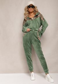 Renee - Ciemnozielony Welurowy Komplet Dresowy 2-Częściowy z Animal Print Bluza i Spodnie Atisilva. Kolor: zielony. Materiał: dresówka, welur. Wzór: nadruk #5